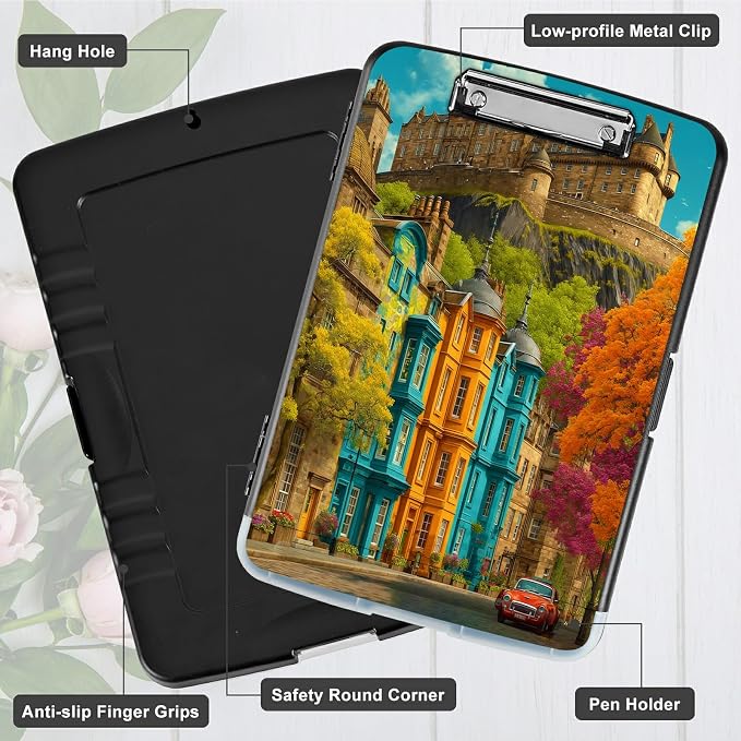 A4 Clipboard with Storage Pen Holder, Clipboards Organizer Nursing Clipboard Foldable File Folder Plastic Clipboard Folio Clip Board for Office Work Classroom Doctor, Castle Maple Tree
