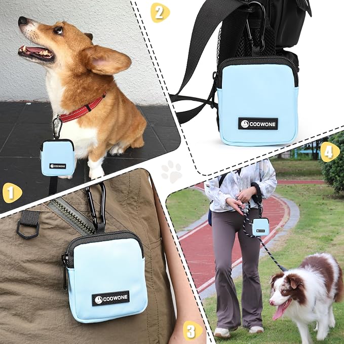 Dog Treat Pouch Pocket Sized Pet Puppy Training Pouch for Dog Training Behavior Aids, Waterproof Nylon Fabric Dog Poop Bag Holder, Hands Free Dog Walking Bag with Metal Carabiner (Blue)