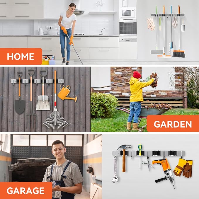 ZONGOOL 2 Pack Mop Broom Holder Wall Mount 4 Racks 5 Hooks Storage Silver | 304 Rustproof Stainless Steel Broom Hanger, Non-Slip Wall Mount Organizer, Space Saving For Kitchen, Laundry, Garden