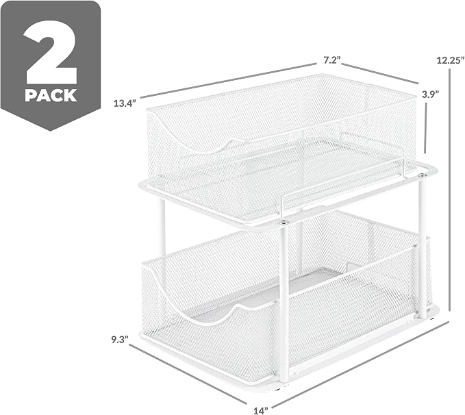 Sorbus Pull-Out Under Sink Organizer, Mesh Construction (White, 2 Pack) | Two-tier metal organization with strong steel and sliding drawers for bathrooms, kitchens, cabinets, closets and pantries.