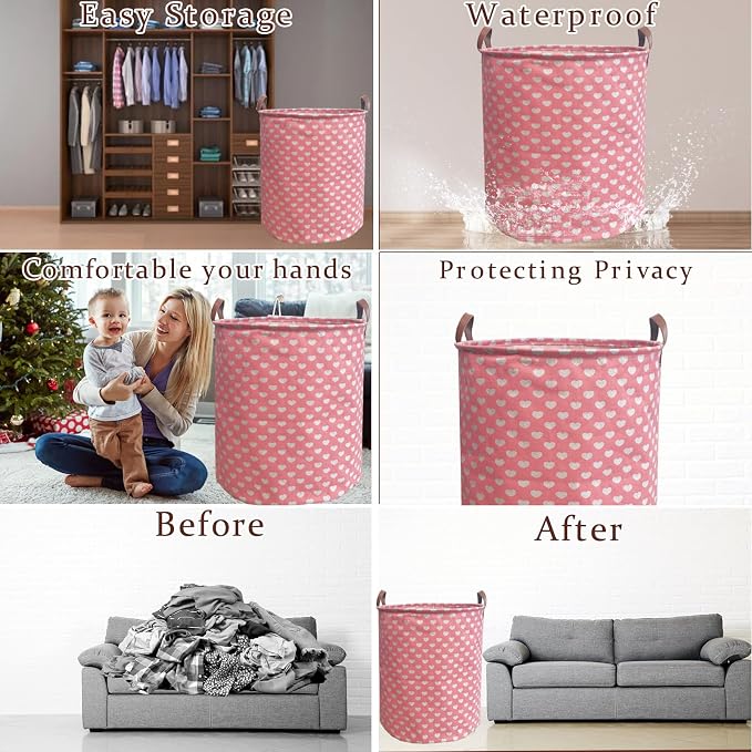 Waterproof Laundry Hamper Collapsible Laundry Basket Leather Handle Laundry Bag Large Clothes Storage Toy Organization for Bathroom Bedroom Laundryroom College Dorms (Laundry Basket-002)