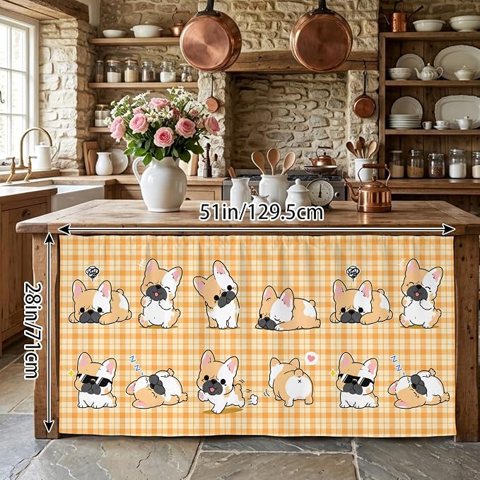 Cute Puppy Cabinet Curtains 28"x51" Sink Skirt for Bathroom Kitchen, Orange Beige Plaid Modern Funny Dogs Pet Self Stick Adhesive Under Desk Covers Tall Laundry Cabinet Storage Organizer