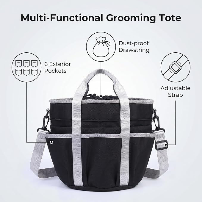 Horse Grooming Tote Bag with 6 Pockets & Drawstring Closure, Portable Grooming Bag for Horses, Waterproof Tack Bag with Shoulder Strap for Horse Grooming Supplies, Equestrian Grooming Kit Organizer