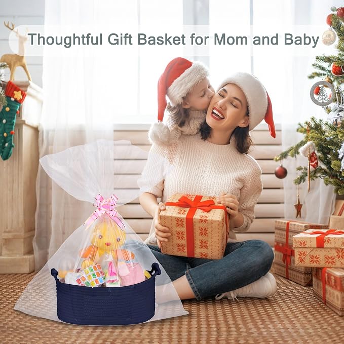 COMSE Small Gift Basket Empty with Bag & Ribbons, Solid Navy Blue | Cotton Rope, 12"x 8"x 5", Pet Toy Storage Organizer, Woven Basket for Birthdays, Baby Showers, Mother’s Day, Valentine’s Day