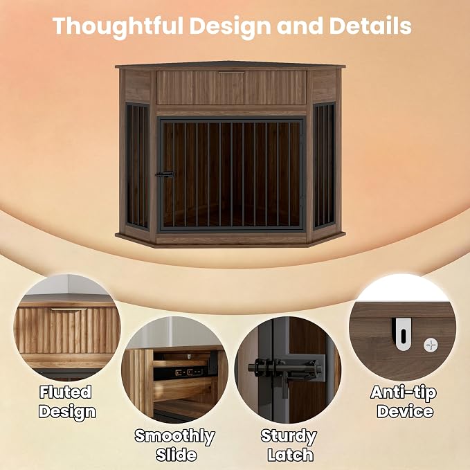 44.6" Corner Dog Crate Furniture for Small Medium Dogs, Modern Medium Size Decorative Dog Crates End Table with Fluted Drawer, Wooden Dogs Cage Kennel Furniture for Home Décor, Walnut