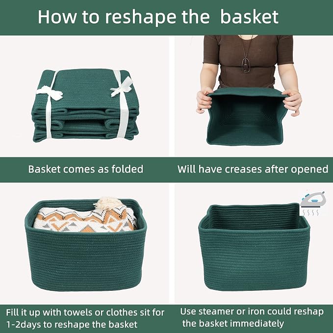 XUANGUO Woven Cotton Rope Storage Baskets 15x10x9.3" 3 Pack Dark Green | Decorative rectangular storage baskets for shelves and closets; storage bins organize clothes, toys, books and nursery items.