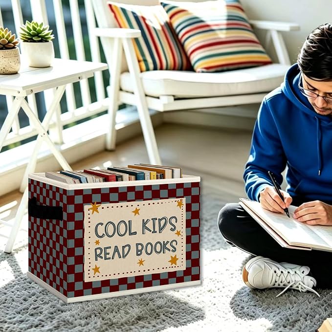 Kids Classroom Book Cube Storage Bins with Handles, Cool Kids Read Books Checkered Collapsible Fabric Storage Basket Boxes Books Clothes Organizer for Girls Boys Reading Room Bedroom