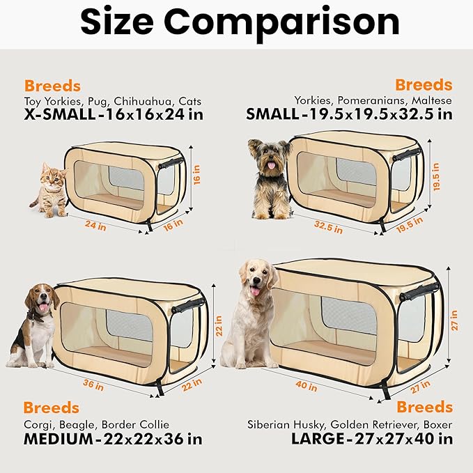 Portable Collapsible Pop Up Kennel, 36" L x 22" W x 22" H, Beige | Collapsible indoor/outdoor travel cat and dog crate with mesh screen windows pops up and folds flat for easy storage