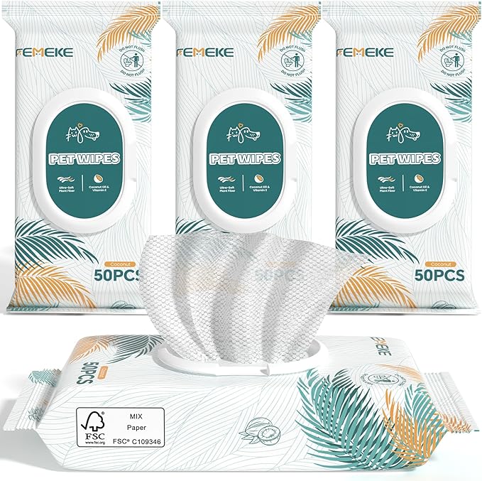 200 Count Dog Wipes & Cat Wipes (4x50 Packs) | Hypoallergenic, pH Balanced for Paws, Body, Face & Grooming |All-Natural Plant Fiber Wipes with Aloe, Coconut Oil & Vitamin E |Pearl Texture