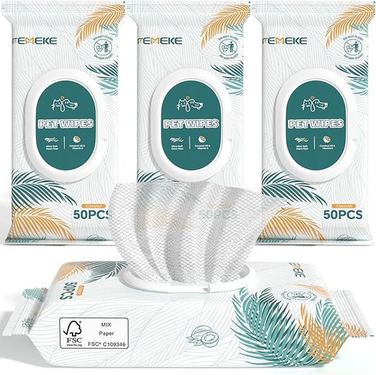 200 Count Dog Wipes & Cat Wipes (4x50 Packs) | Hypoallergenic, pH Balanced for Paws, Body, Face & Grooming |All-Natural Plant Fiber Wipes with Aloe, Coconut Oil & Vitamin E |Pearl Texture