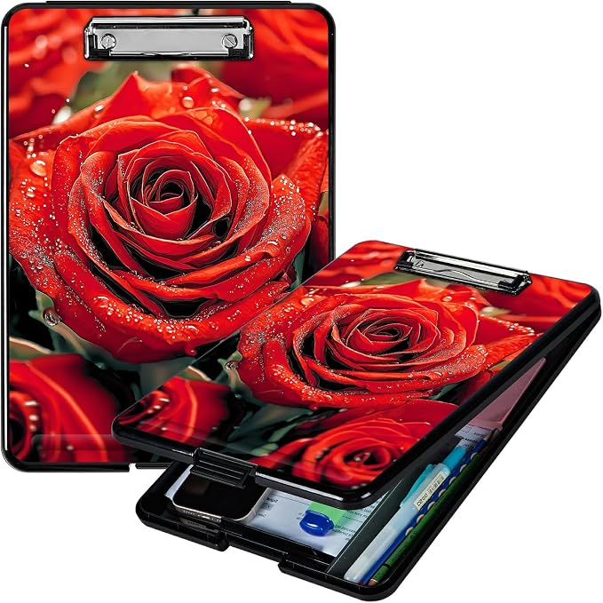 Heavy Duty Storage Clipboard, Slim Nursing Clipboard with Internal Pen Case, Portable File Organizer Case for A4 Letter Size Paper Office Medical Professionals, Red Rose