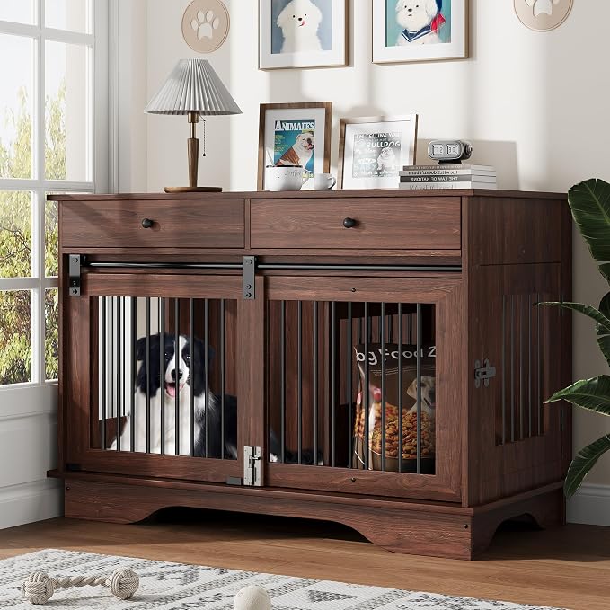 Dog Furniture Crate, 47" Large Dog Crate Furniture w/ 2 Storage Draws & Removable Divider for Large/Medium/Small Dogs