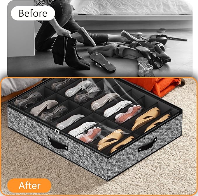 32 Pairs Shoe Organizer Under Bed, Underbed Shoe Storage Boxes Bins, Organizador De Zapatos, Extra Large Zapateras Organizer, Black, Set of 2