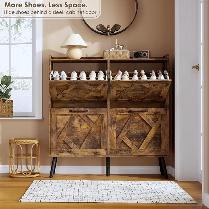 Shoe Cabinet Storage for Entryway, Freestanding Shoe Storage Cabinet, Farmhouse Narrow Shoe Rack Cabinet for Entryway, Foyer, Hallway, Shoe Cabinet 4 Flip Drawers