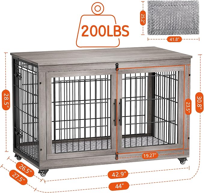 44'' Decorative Large Dog Crates Furniture w/Cushion & Wheels Wood Kennel | Grey, Double Doors, Wooden Dog Cage, Chew-Resistant, End Table, Decorative, 27"/32"/38"/44" Options, Indoor