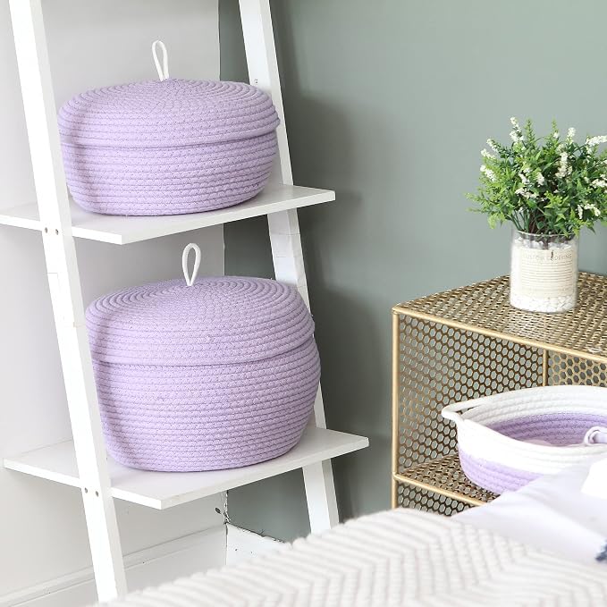 Sea Team Round Woven Cotton Rope Storage Basket with Lid, Lavender | Lidded Knitted Decorative Storage Bin, Pot, Caddy, Organizer, Container for Snacks, Towels, Plants, 13 x 5.5 Inches
