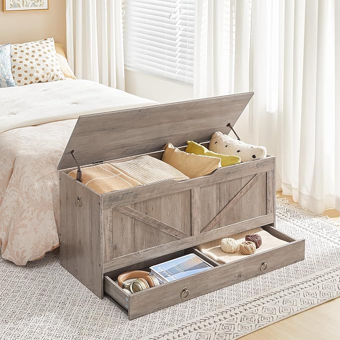 HOOBRO Storage Chest, 43.3" Toy Chest with Drawer, Wooden Storage Bench, Sturdy Entryway Bench Supports 220 lb, Shoe Bench, Safety Hinge, U-Shaped Opening, Easy Assembly, Greige BG711CW01G2