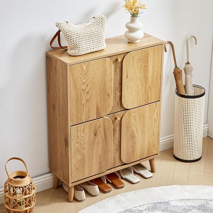 BERRYMERRY 27.6" W Shoe Storage Cabinet with 2 Flip Drawers, Unique | Natural,Hidden,Small,Front Door,Entryway,Narrow