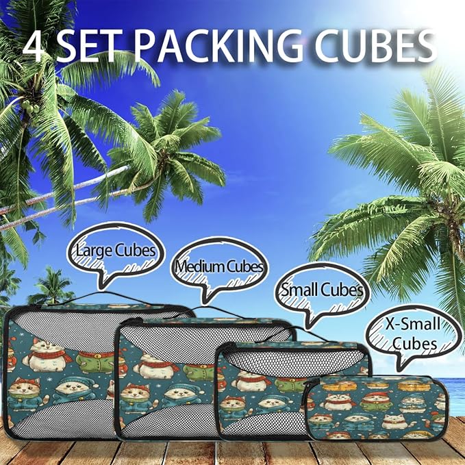 Packing Cubes for Travel, Christmas Winter Cat Travel Luggage Packing Organizers for Women Men, Large Custom Toiletries Bag for Cosmetics Toiletries, Japanese Cat
