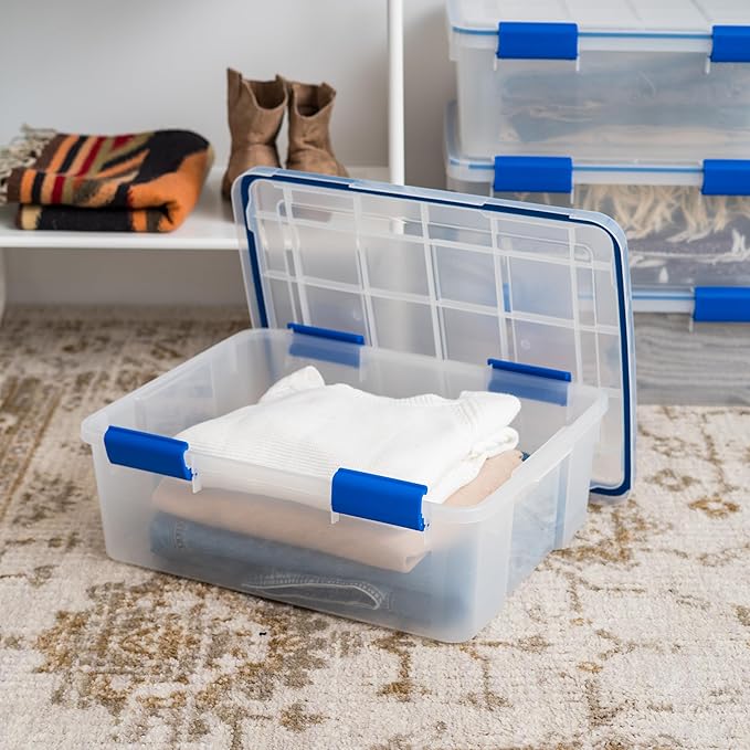IRIS USA 3-Pack 26.5 Qt Storage Bins with Gasket Lids, Clear/Blue | WeatherPro seal protects everyday essentials in closets, offices and laundry rooms