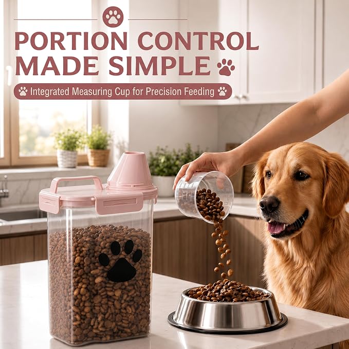 Dog Storage Container with Cleaning Brush and Measuring Cup | Airtight Portable Pet Food Containers with Upgraded Large Spout and Cup for Dogs,Cats,Birds,Small Animals(White)