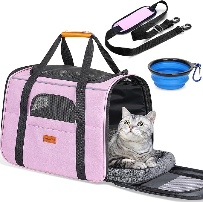 Morpilot Cat Carrier Soft for Large Medium Cats and Puppy up to 20lbs | with Dual-Sided Cushion, Secure Buckle and Foldable Bowl, Dog Carriers for Small Dogs - Pet Carrier (Pink)