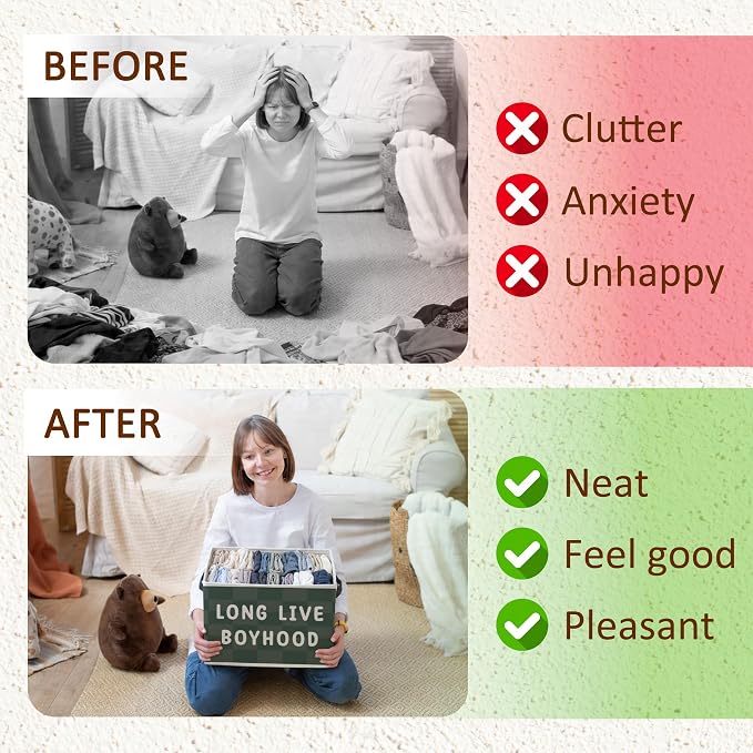 Boy Nursery Foldable Storage Bins Box with Handles, Long Live Boyhood Green Checkered Decorative Storage Boxes Baskets Toybox Organizer for Kids Boy Nursery Toddler Room Bedroom Playroom