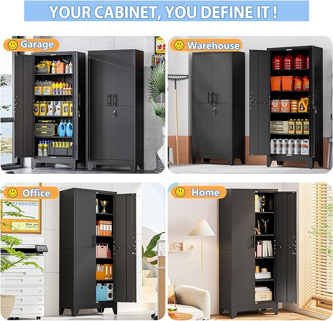 Tall Metal Storage Cabinet with Lock, 4 Adjustable Shelves, Steel Cabinet | Heavy-duty steel cabinet with lockable storage, adjustable shelves, adjustable feet for indoor use