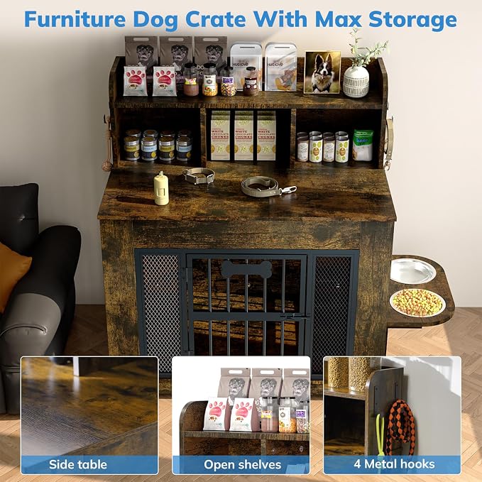 Petrova 33" Dog Crate Furniture with Storage Shelf & 2 Stainless Steel Bowls, Heavy Duty Indoor Dog Kennel for Medium/Small Dogs, Wooden Dog Cage with 4 Hooks, LED Light, Walnut Brown