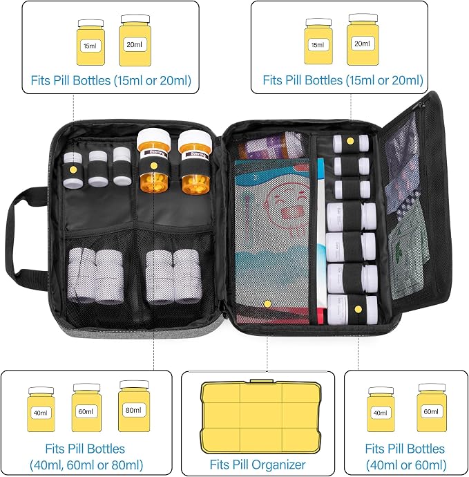 CURMIO Pill Bottle Organizer, Lockable Medicine Bottle Storage Bag, Gray | Emergency Medical Supplies for Home Care, for First Aid Kits, Multifunctional Bag, Home Storage, Dormitory, Travel, Empty Bag