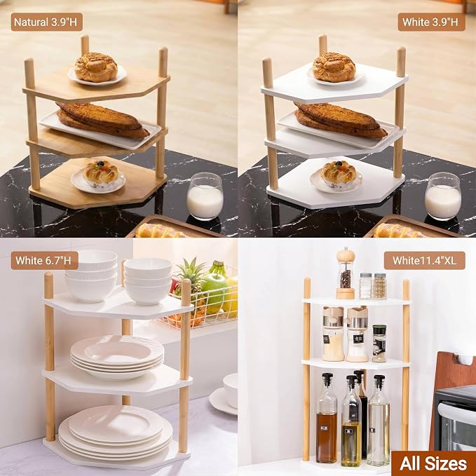 3-Tier Extra Tall Bamboo Corner Shelf, Kitchen Countertop Wine Bottle Organizer, Corner Counter Storage Rack for Pantry, Spice & Wine Organizers and Storage