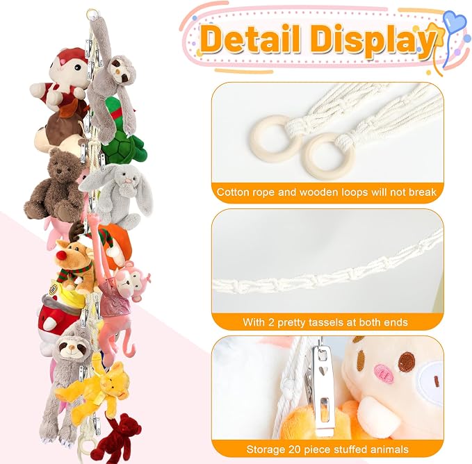 Stuffed Animal Storage Hammock Corner Hanging Stuffed Animal Holder | Boho Stuffed Animal Organizer Chain with 20 PCS Metal Clips for Hanging Hats Socks Holiday Cards