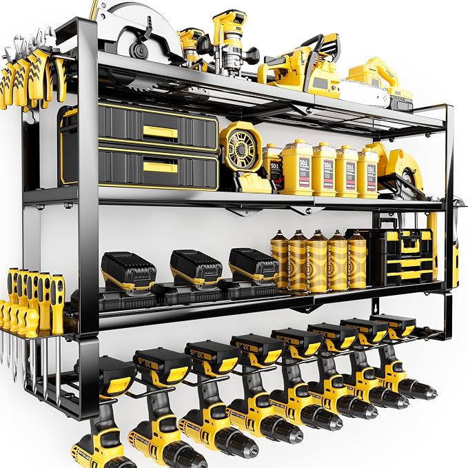 Extra Tall Large Power Tool Organizer Wall Mount ,4 Layers Drill Holders | 8 Cordless Heavy Duty Metal Battery Tool Shelf Loads 400lbs,Tool Storage,Utility Rack For Workshop,Garage,Gifts for Men