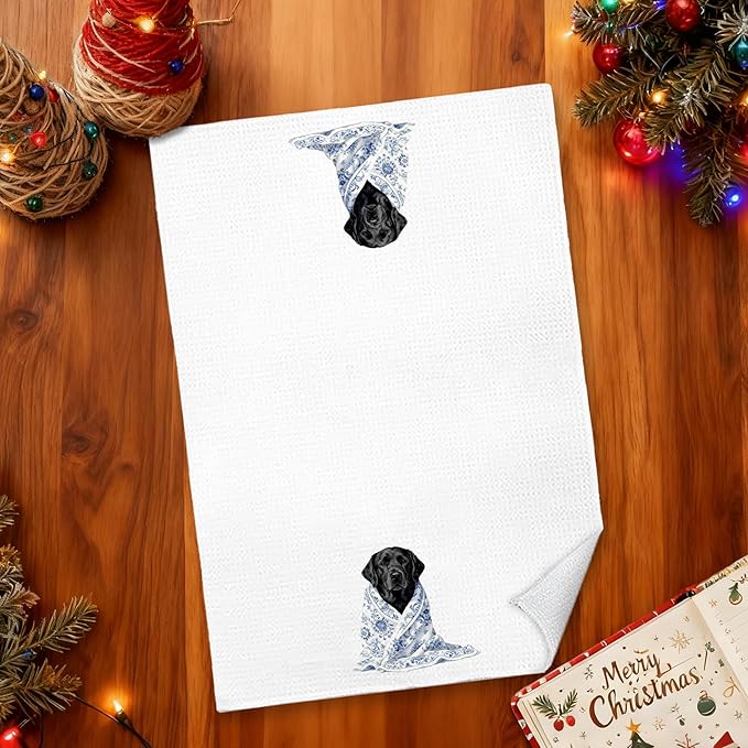 Blue Chinoiserie Black Labrador Retriever Kitchen Towels 16x24 in, Black Lab Gifts, Grandmillennial Floral Blanket Dog Decorative Hand Tea Dish Towels for Bathroom Kitchen
