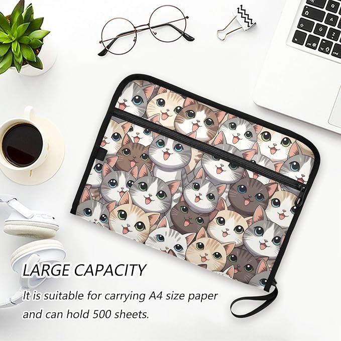 13 Pocket Zipper Expanding File Folder A4 Cat Cute | Accordion File Organizer with Front Pouch A4 Letter Size Portable Folders for Documents Receipt School Office Supplies