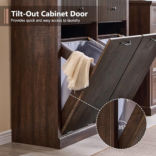 IFGET Double Tilt-Out Trash Cabinet, Fluted Laundry Hamper Cabinet, Brown