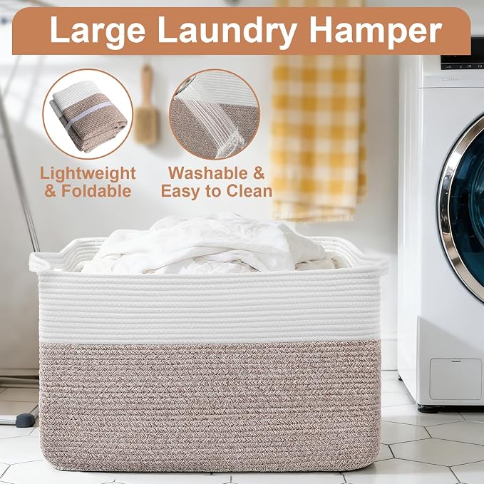 75L Large Blanket Storage Basket with Handles - White & Brown | Extra-large clothes storage bin. Soft cotton, foldable, washable.Holds blankets, pillows for living room, bedroom, dorm.