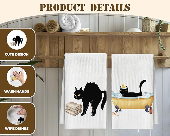 Bath Towels Set of 2, Cute Bathing Black Cat Dish Towel for Bathroom Spa Kitchen, Decorative Hand Towels, Fast Drying Tea Towel, Housewarming Xmas Gifts for Cat Lover Women Mom -B28