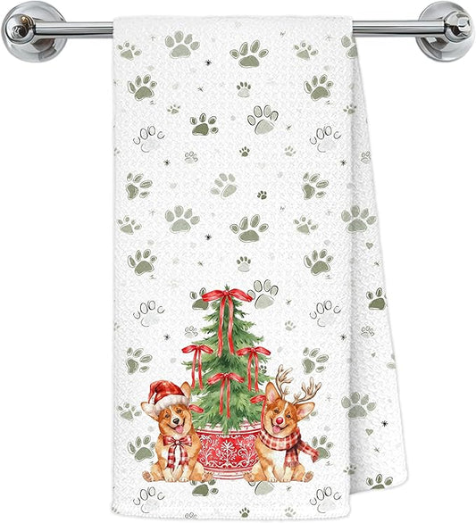 Red Chinoiserie Christmas Corgi Kitchen Towels, Corgi Lover Gifts Dish Tea Towels for Kitchen Decor, Green Xmas Tree Santa Dog Paw Prints Hand Towel for Bathroom Decor, 16x24 Inch
