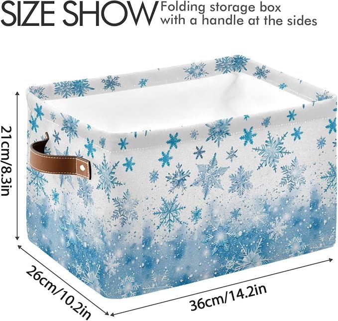 Winter Snowflake Blue Storage Basket with Waterproof Liner and PU Handles White Christmas Holiday Xmas Storage Boxes 14.2" Collapsible Decorative Organizer Baskets for Bedroom Closet Office 1 Pack