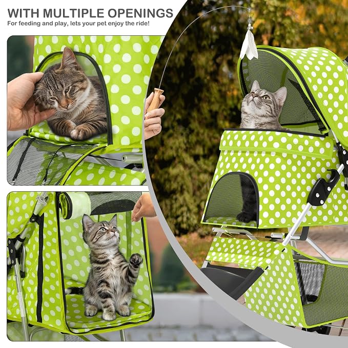 MoNiBloom Pet Stroller for Small/Medium Dogs and Cats, Lawn Green | Foldable Dog Stroller 3 Wheels Pet Strolling Cart w/ Storage Basket Cup Holder, Breathable and Visible Mesh for All-Season