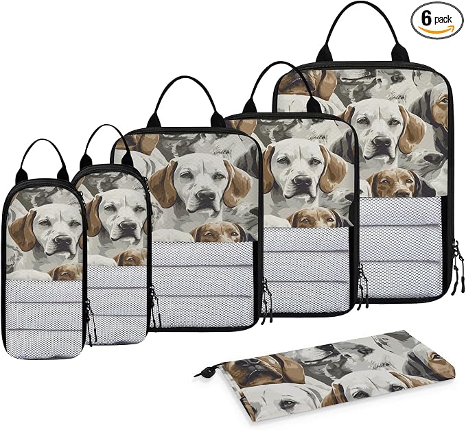Dogs Animal 6 Set Compression Packing Cubes | Cute Puppy Pets Travel Accessories Expandable Packing Organizers Space Saver Bags for Organizing Clothes