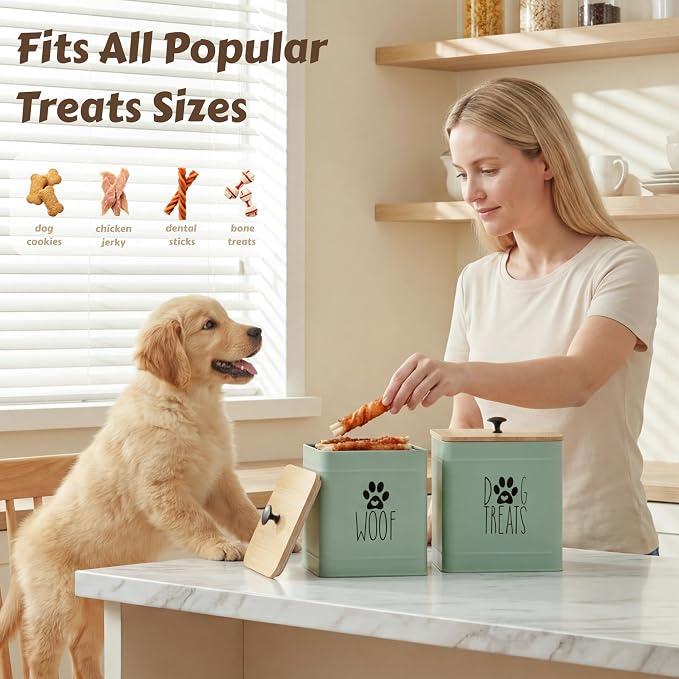 PERFNIQUE Dog Treat Container, Airtight Dog Treat Jar Set of 2, Dog Cookie Jar for kitchen Counter, Pet Treat Container, Dog Treat Canister and Storage, 7.8x6.2 & 7.3x5.5 (Sage Green)
