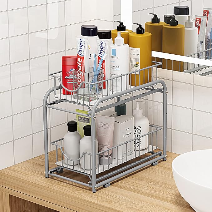2-Tier Pull Out Organizer Under Sink Sliding Cabinet Rack,Sliver | Stackable sliding basket metal organizer with adjustable height and anti slip pad. Ideal for under sink or cabinet storage.