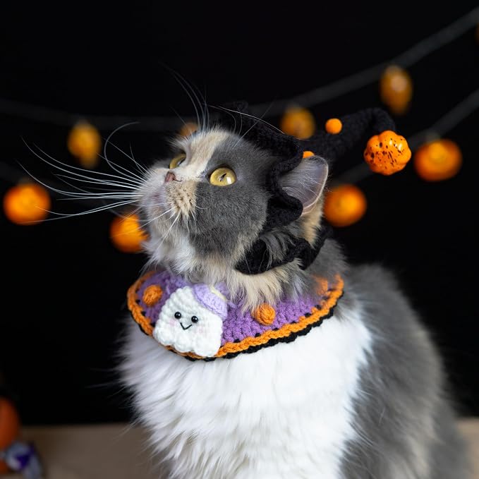 Cat Costume - Cute Ghost Bib & Pumpkin Hat for Cats and Small Sized Dogs, Festive Pet Apparel, Adjustable and Breathable Dog Witch Costume
