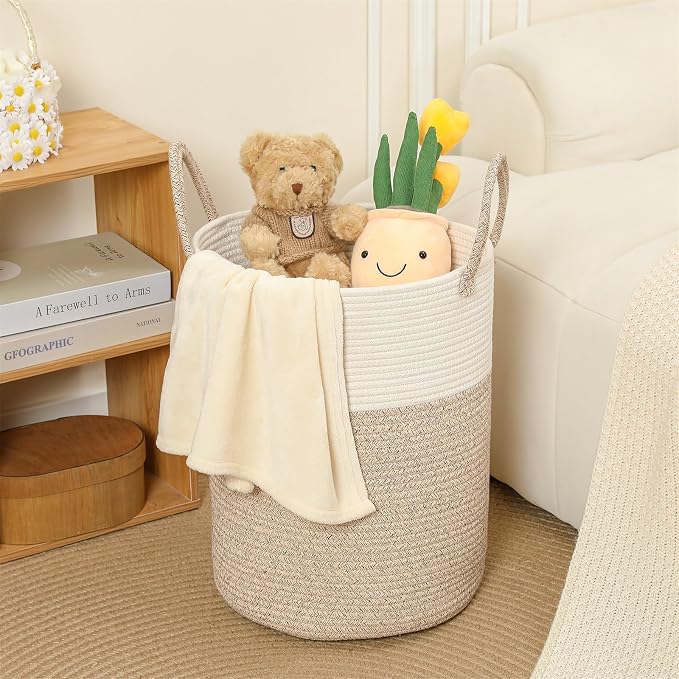 80L Large Woven Laundry Basket Hamper, 100% Natural Cotton Rope, Handwoven & Durable, Storage for Blankets, Toys, Clothes, Nursery Hamper for Living Room, Baby Room, Bedroom (Brown and White)