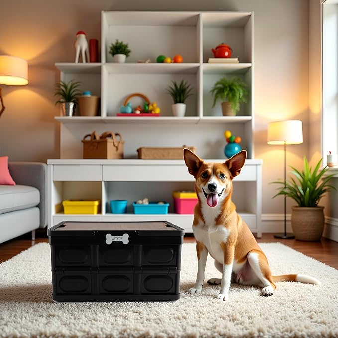 Morezi Outdoor dog toy bin chew proof box storage in plastic foldable designed dog stuff organizer great for pet food organizing toys leashes clothing in outside black