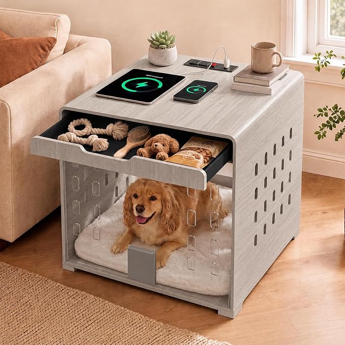 Modern Dog Crate Furniture Wooden Kennel Charging Station End Table Grey | Nightstand, Dog Cage Indoor, up to 50 lb, with Flip-Up Acrylic Door, Storage Drawer, Medium Small Dogs, Living Room Bedroom
