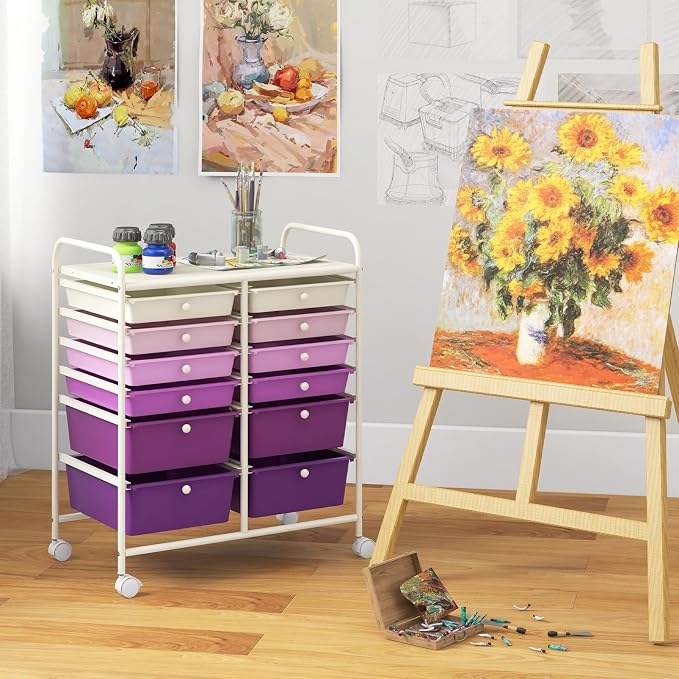 12 Drawer Rolling Storage Cart, Art Cart Organizer on Wheels, Mobile Utility Cart with Drawers, Multipurpose Craft Drawers for Home Office School Classroom (Gradient Purple)