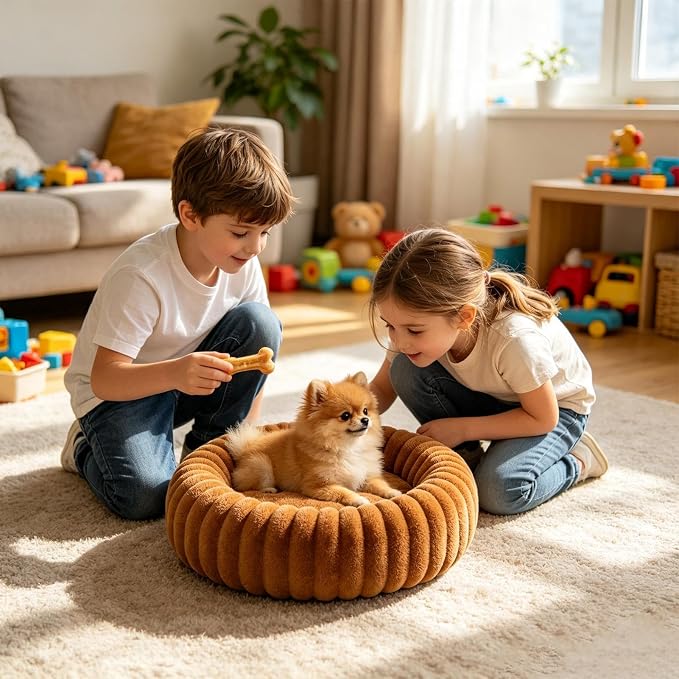 Round Dog Bed Raised Edge Soft Warm Plush Sleeping Mattress | Dog Donut Bed for Puppy Senior Kitten Indoor Outdoor Floor Bedside Kennel Couch Travel Car Home